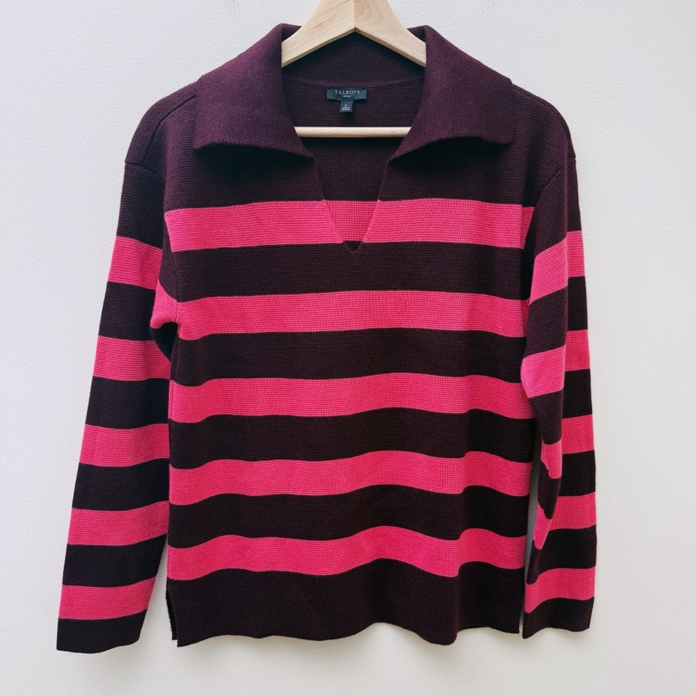 Talbots V-Neck Sweater with Pink and Maroon Stripes